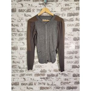 JNBY‎ Zip Up Cardigan Sweater Large Brown Gray Colorblock Cropped Puff Sleeve